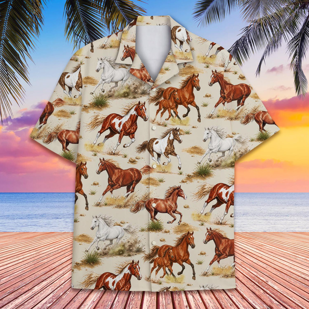Detailed front view showing the button down style and horse pattern