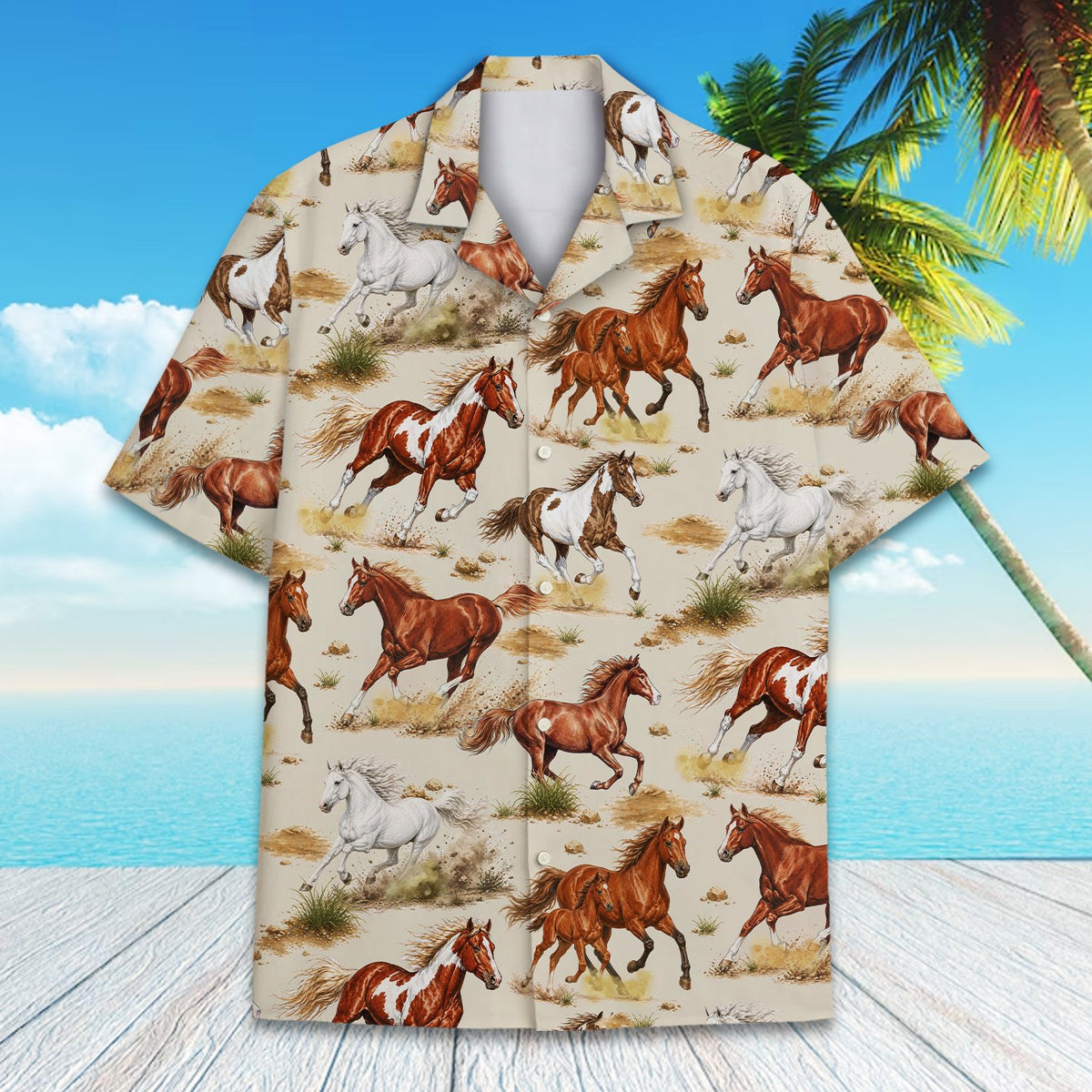 Flat lay front view of the beige horses hawaiian shirt