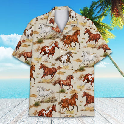 Flat lay front view of the beige horses hawaiian shirt