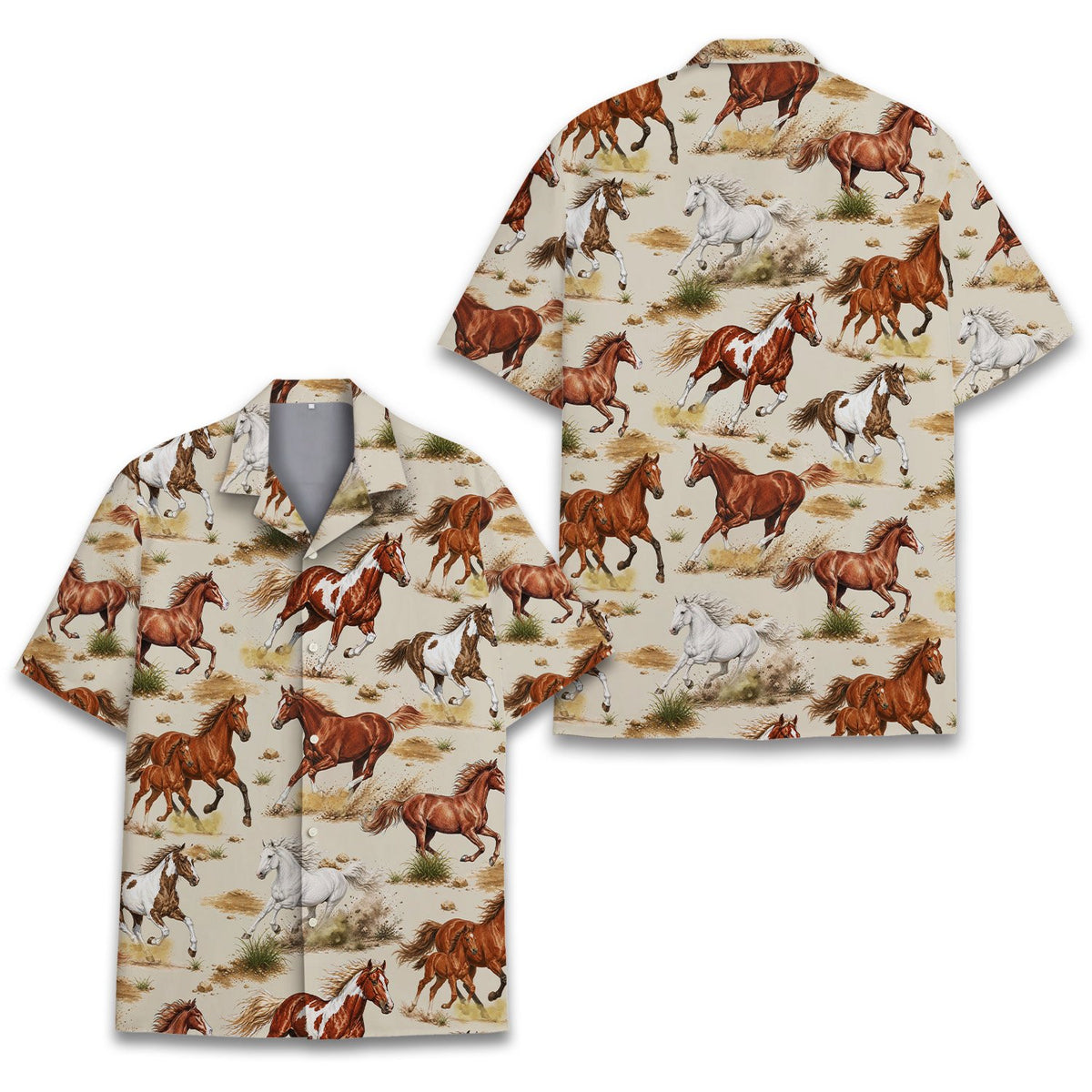 Main view of the beige horses hawaiian shirt featuring realistic running horses