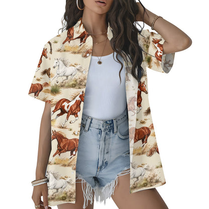 Lifestyle view showing the beige horses hawaiian shirt worn outdoors