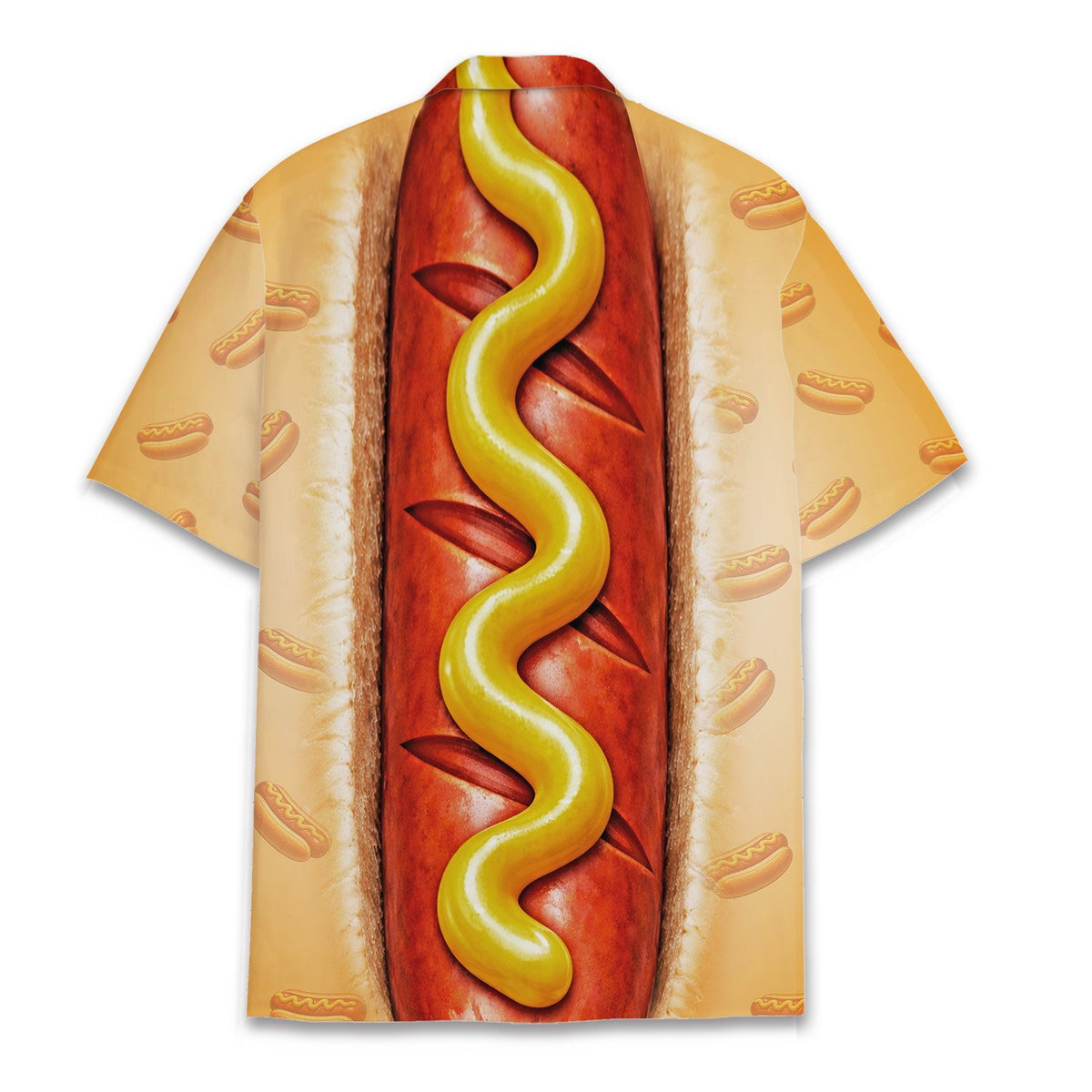 Back view of the hot dog hawaiian shirt displaying the continuous orange gradient pattern