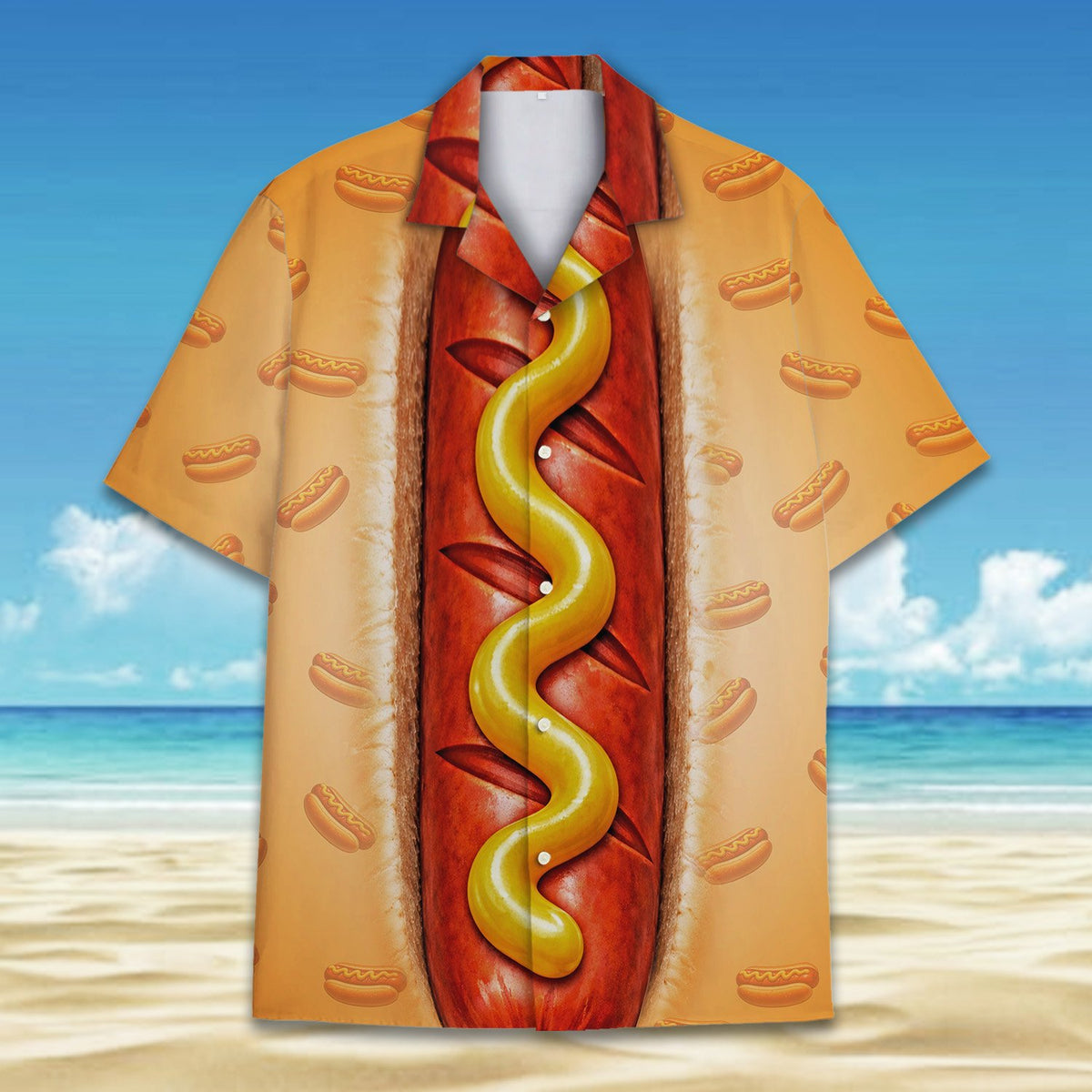 Close-up front view showing the photorealistic hot dog and mustard pattern