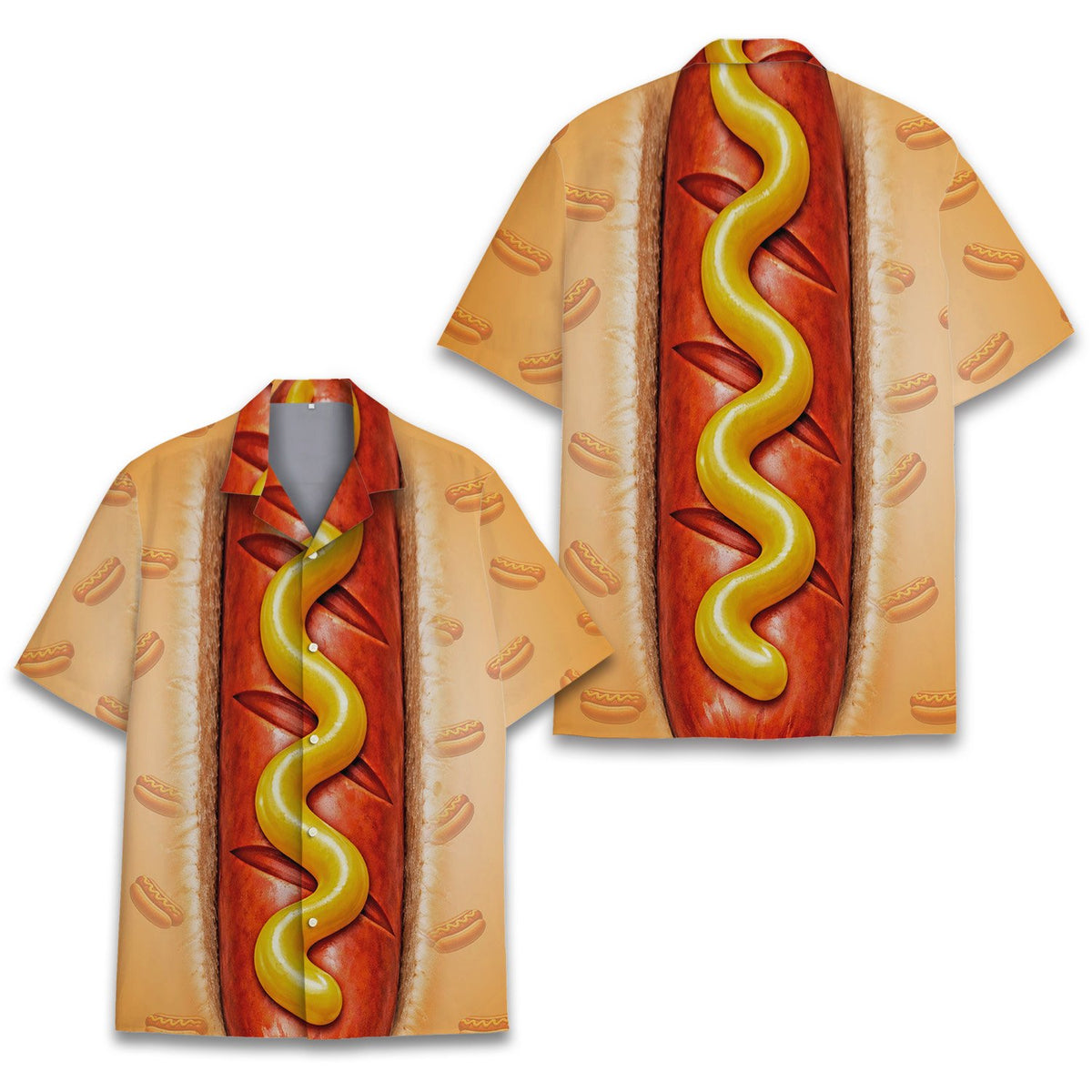Detailed front view highlighting the small repeating hot dogs and collar