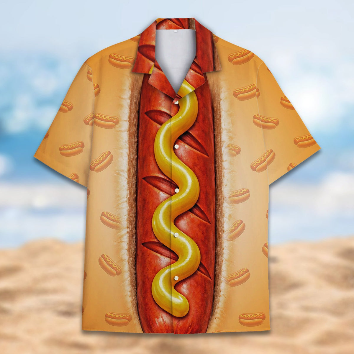 Front view of the vibrant matching family hot dog hawaiian shirt