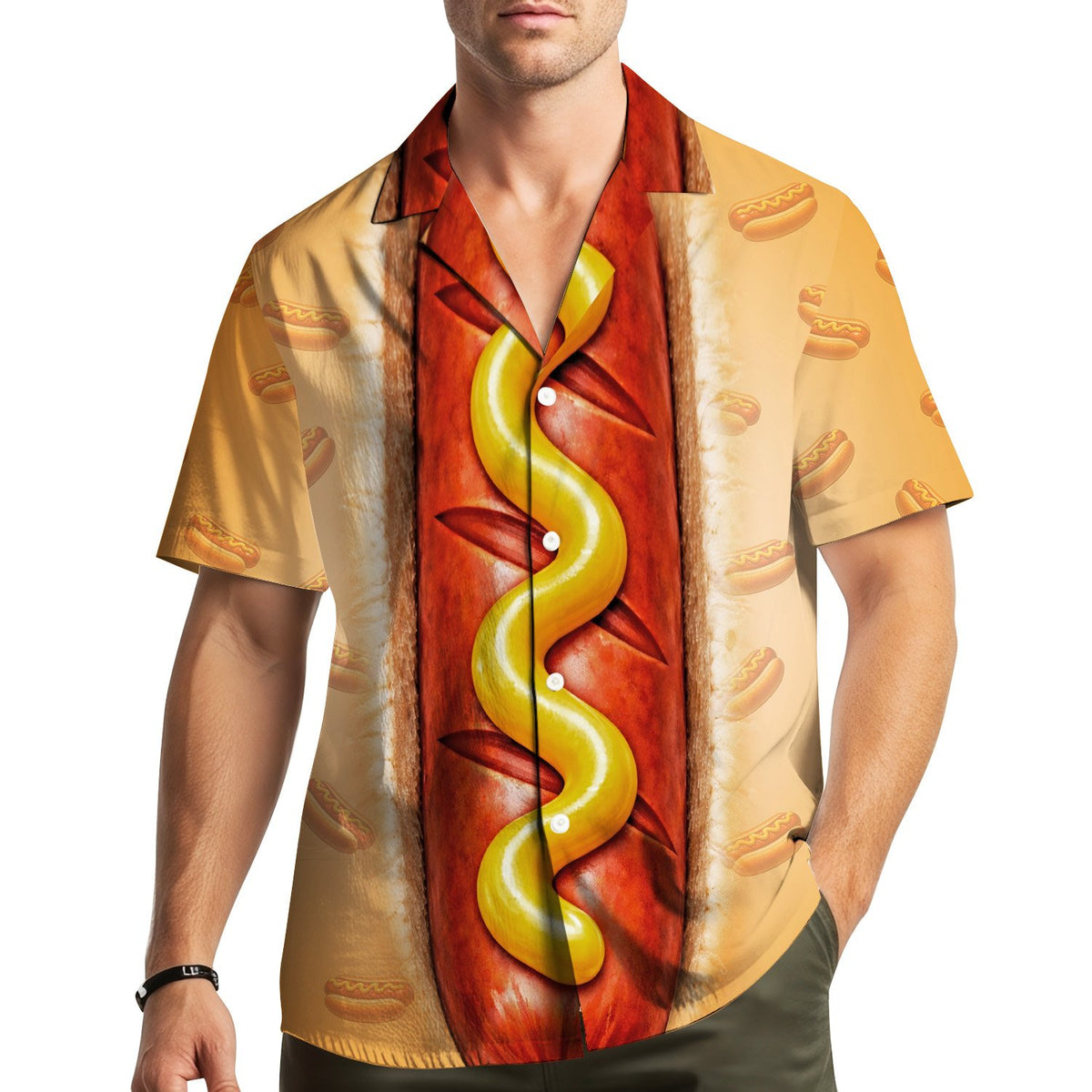 Lifestyle view of a person wearing the hot dog hawaiian shirt at an outdoor event