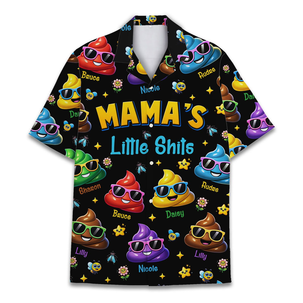 Front view of the black humor hawaiian shirt with custom names