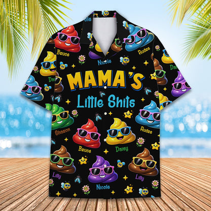 Black humor hawaiian shirt featuring funny emojis and custom names, main view