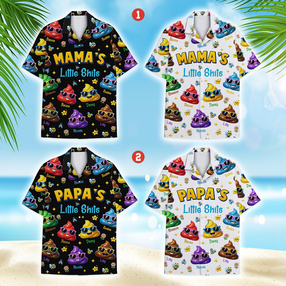 Close up of the front print on the matching family hawaiian shirt