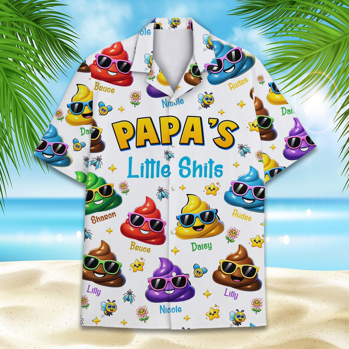 Front view of the white humor hawaiian shirt with custom names