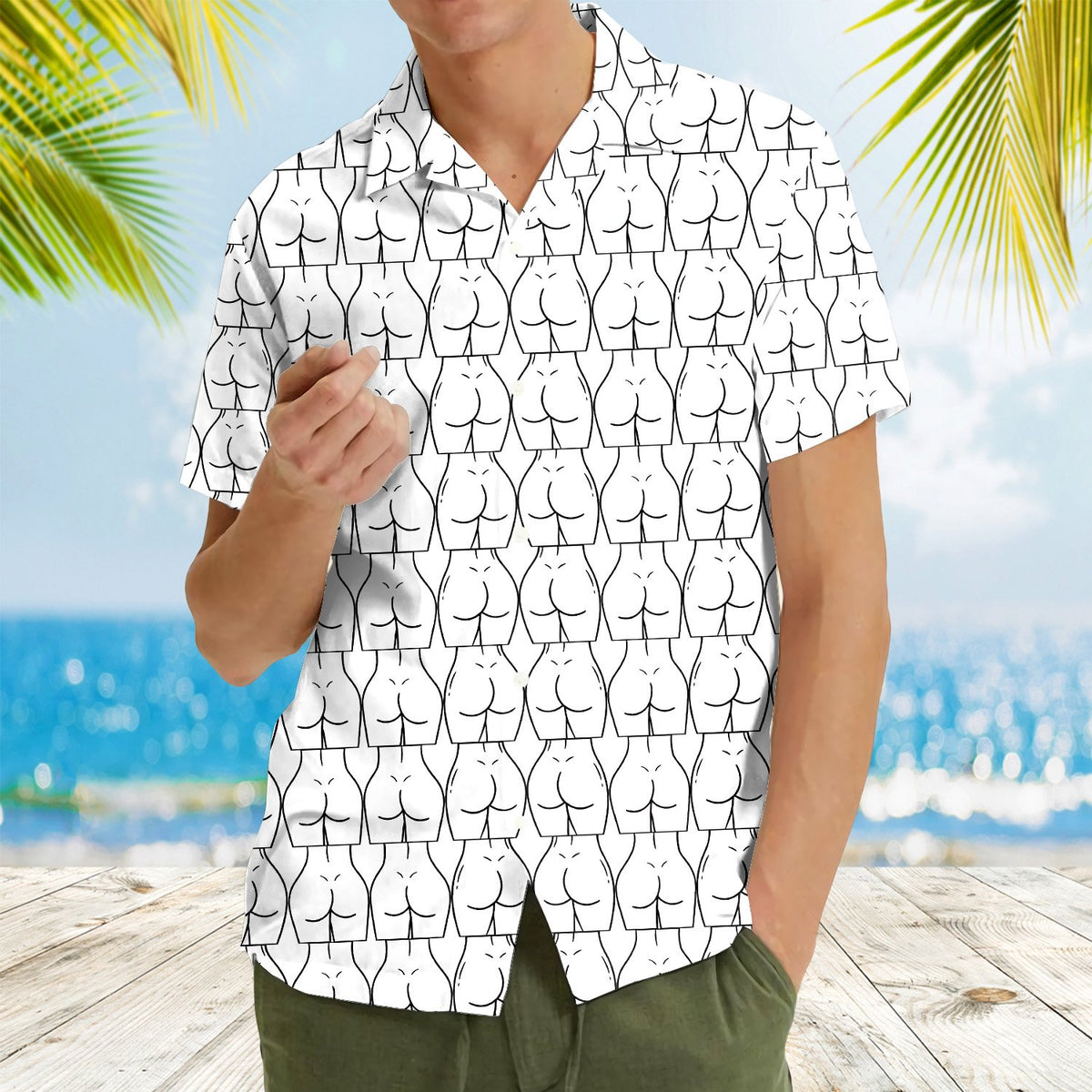 Fourth lifestyle view of the white humor hawaiian shirt