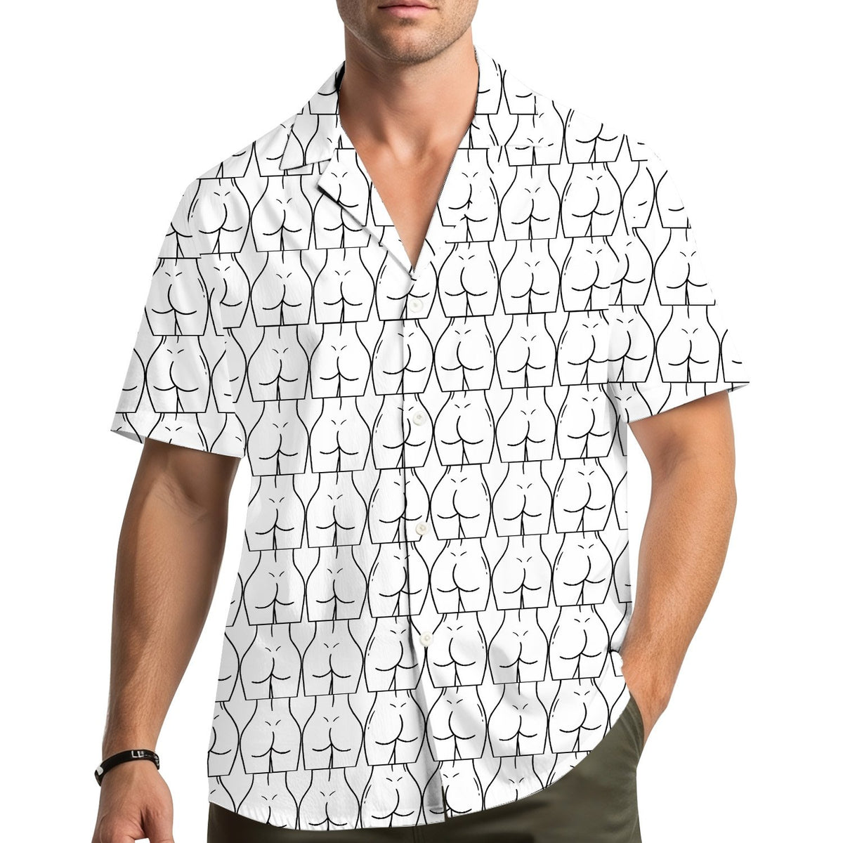 Lifestyle view of an adult wearing the humor hawaiian shirt