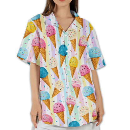 Front view of the white ice hawaiian shirt with an ice cream print