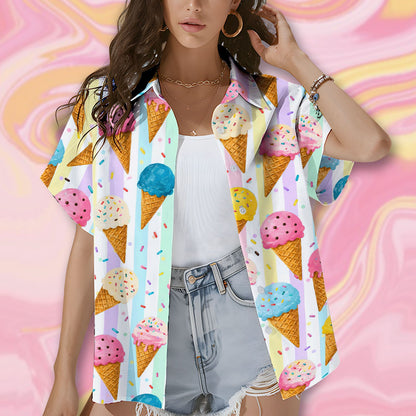 Close-up of the ice cream hawaiian shirt print in a lifestyle setting