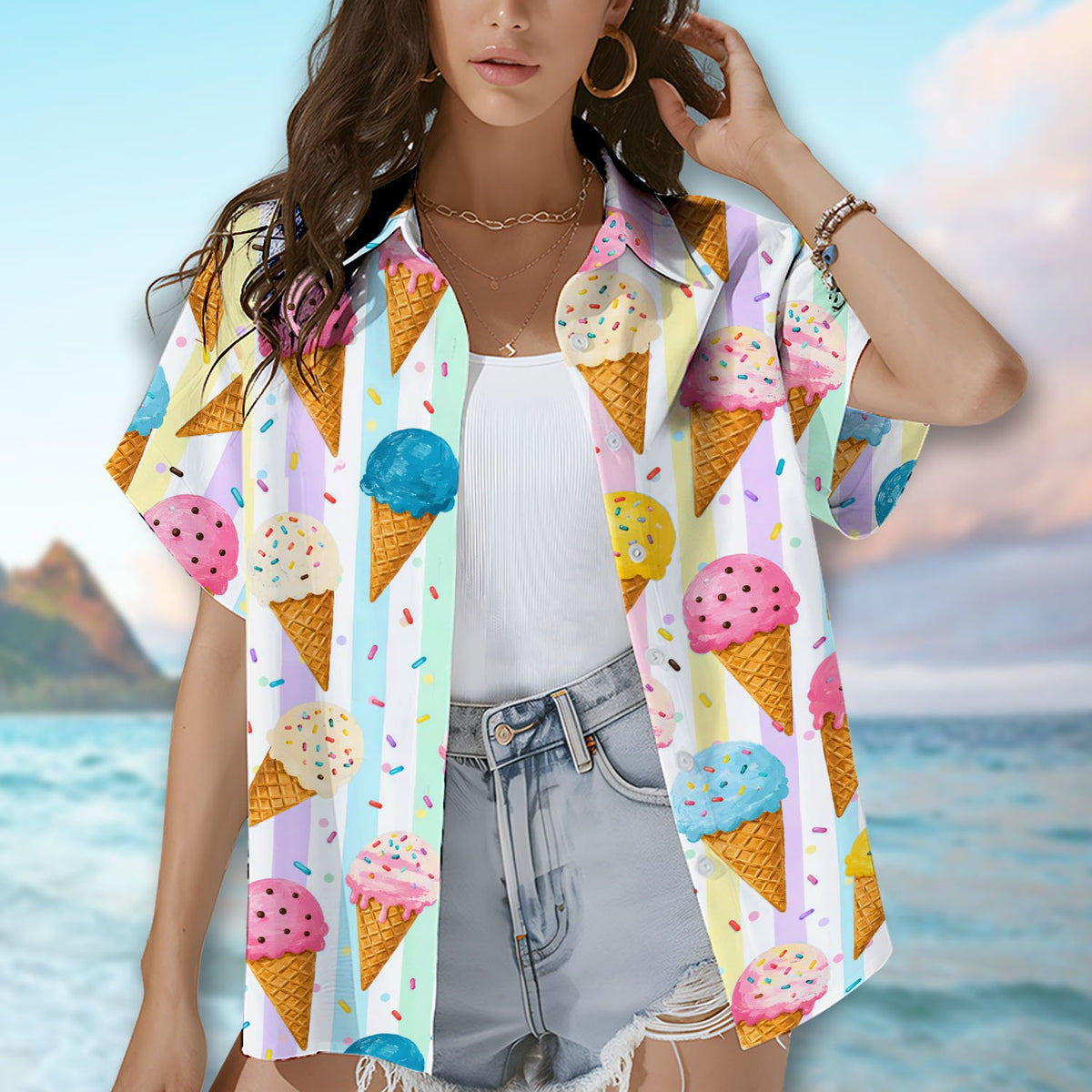 Group photo showing matching family hawaiian shirts, lifestyle view