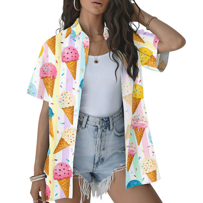 Lifestyle view of the colorful ice cream hawaiian shirt