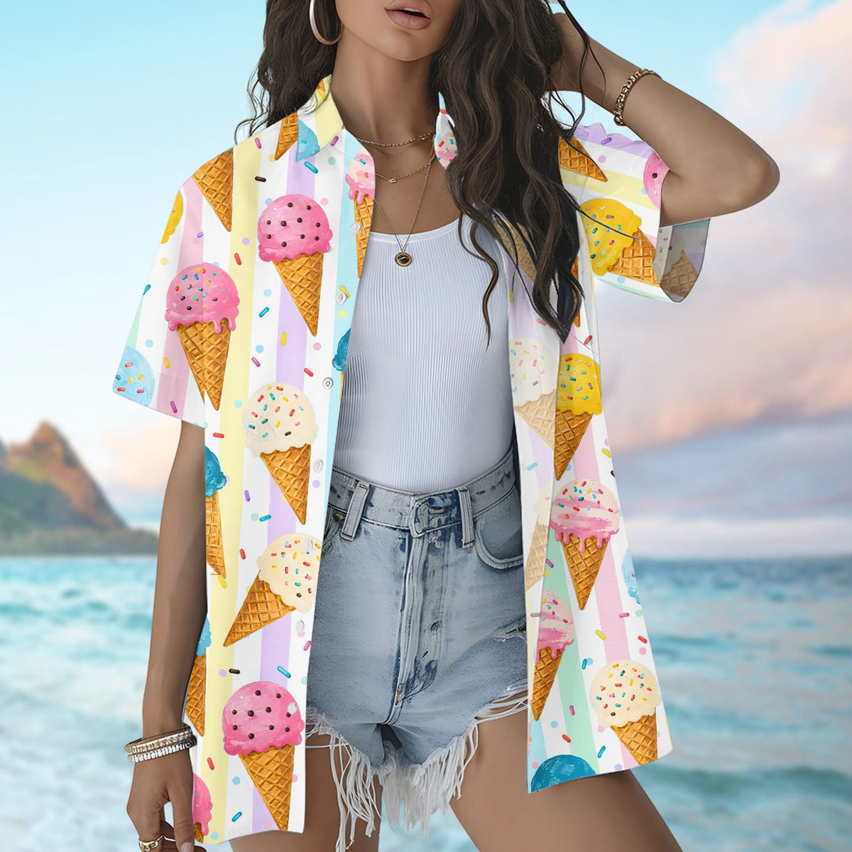 Another lifestyle view of the ice hawaiian shirt being worn