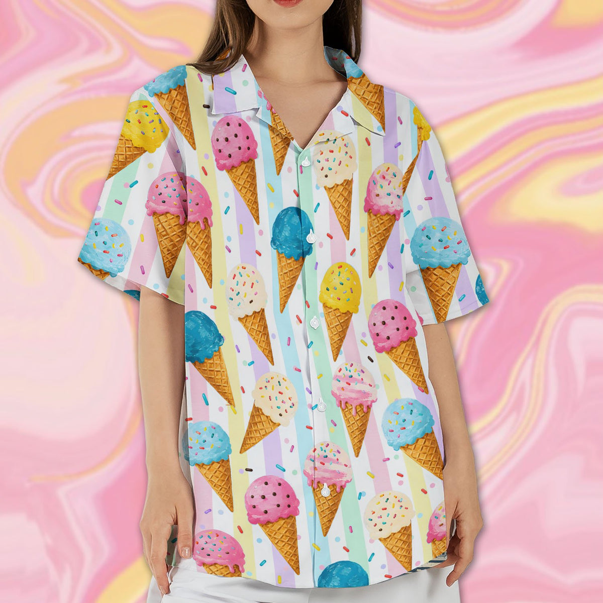 Lifestyle shot displaying the vibrant ice cream print on the hawaiian shirt
