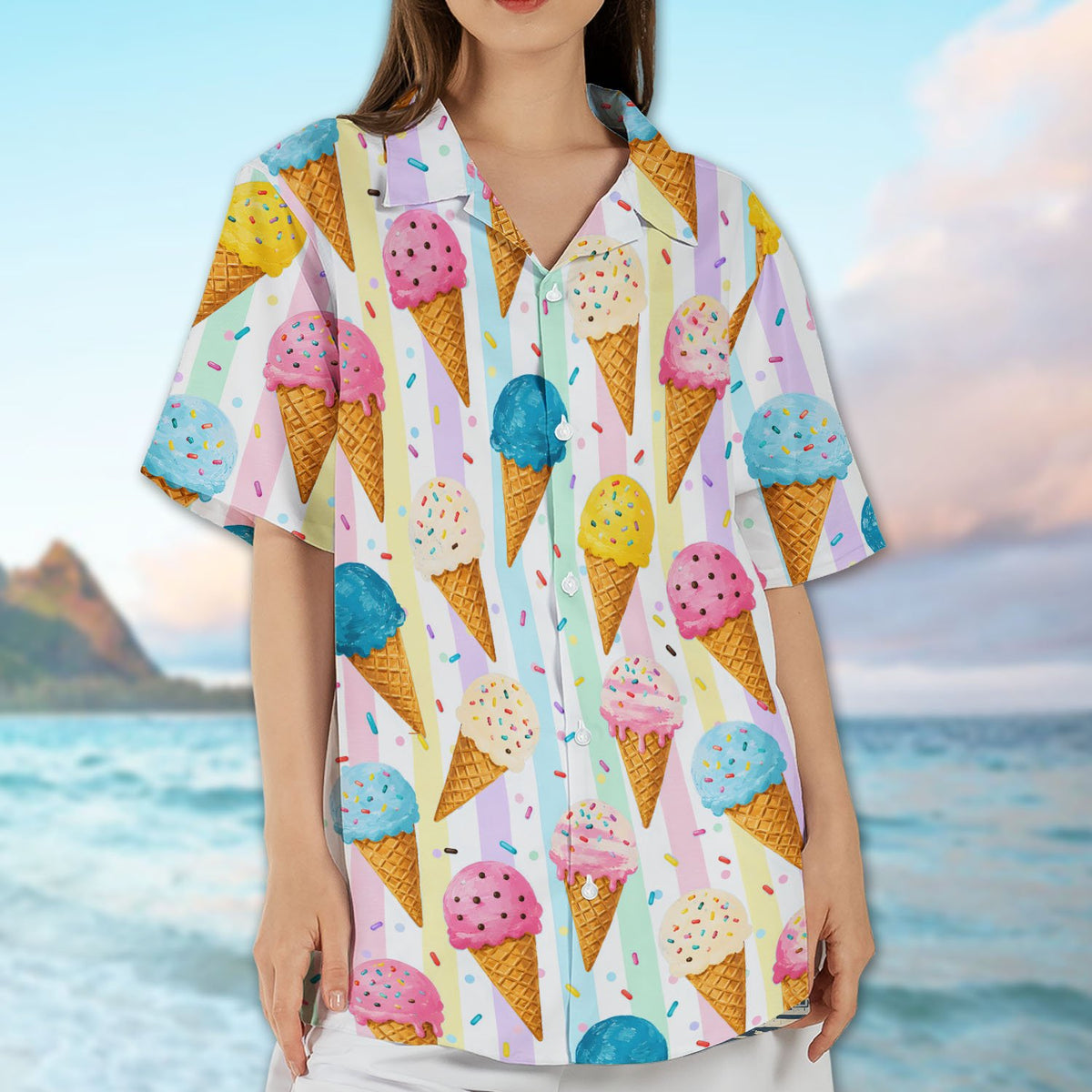 Final lifestyle view of the matching family hawaiian shirts in the sun