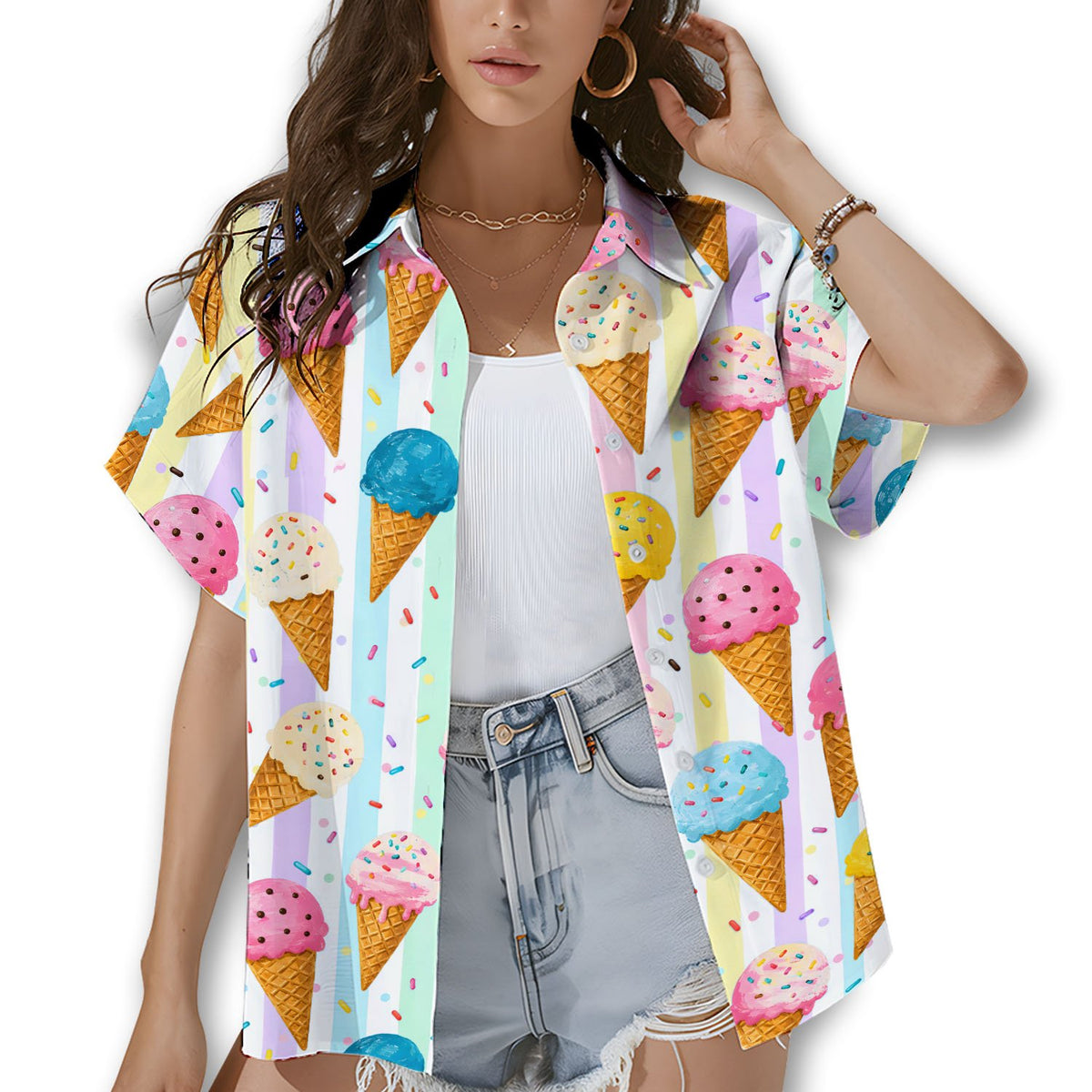 Family wearing matching cream hawaiian shirts outdoors, lifestyle view