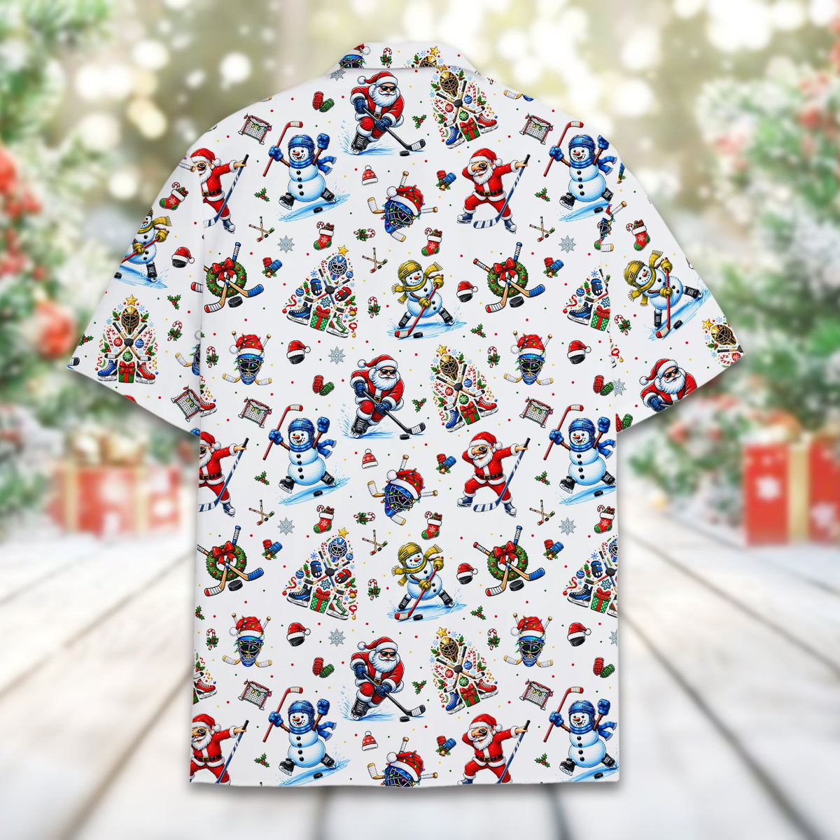 Back detail view of the white holiday hawaiian shirt