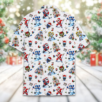 Back detail view of the white holiday hawaiian shirt