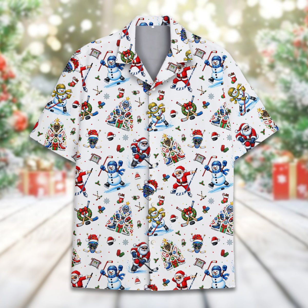 Front detail view of the holiday ice hockey hawaiian shirt