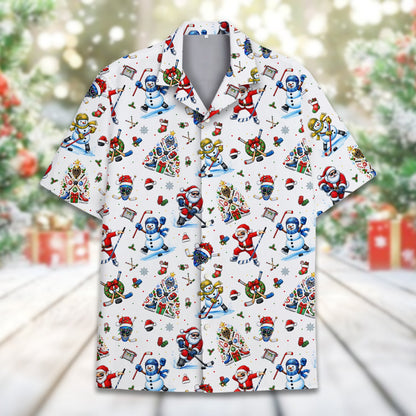 Front detail view of the holiday ice hockey hawaiian shirt