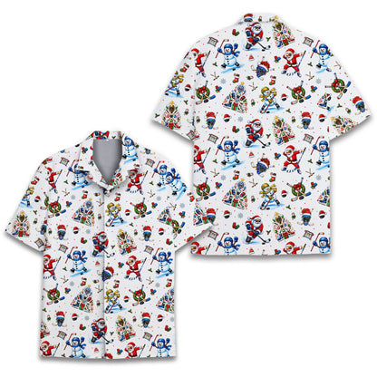 Front view of the white Christmas ice hockey hawaiian shirt