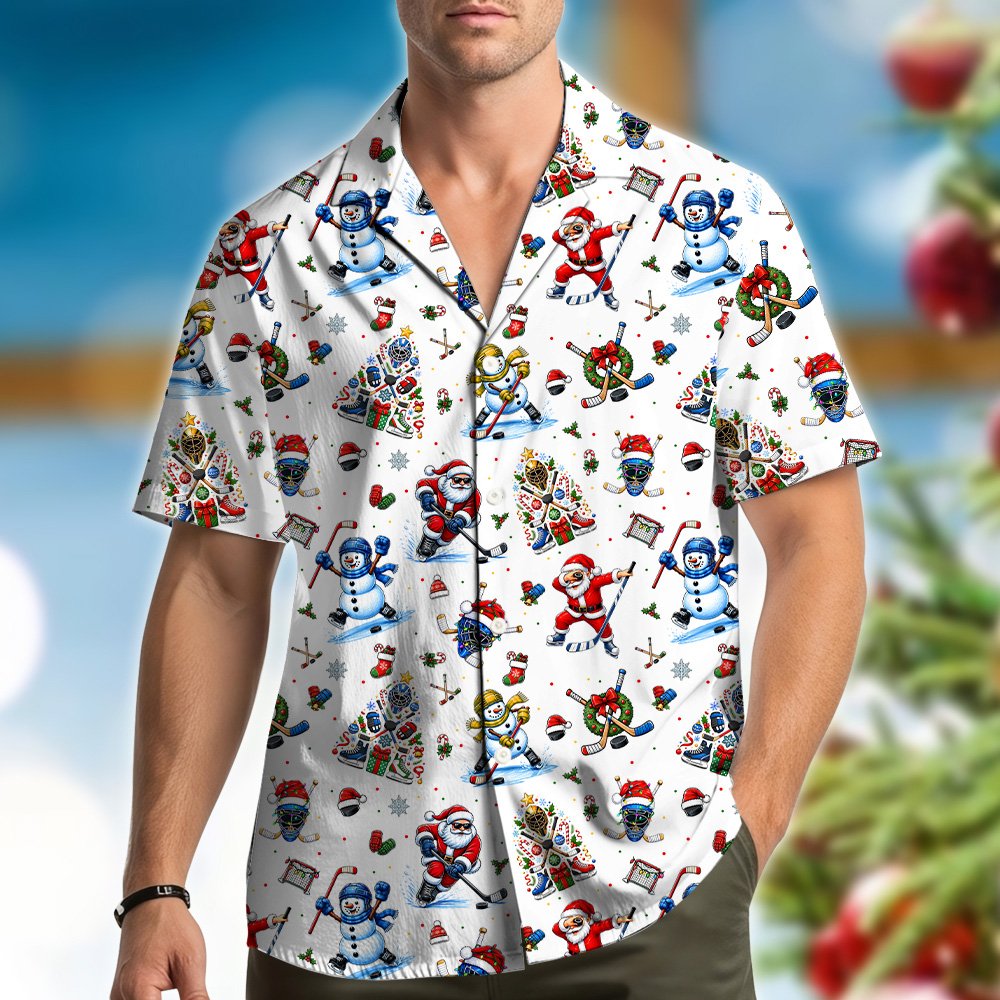 Third lifestyle view of the holiday ice hockey hawaiian shirt
