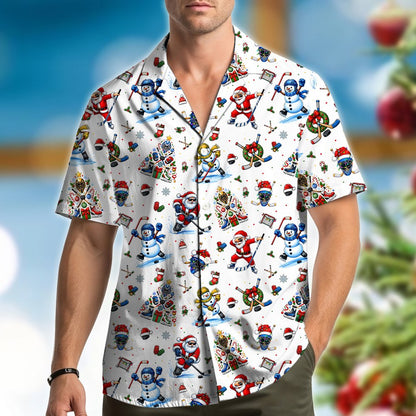 Third lifestyle view of the holiday ice hockey hawaiian shirt