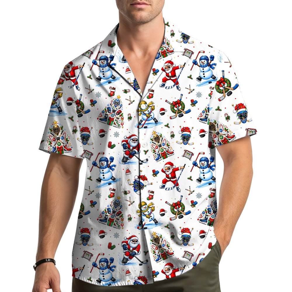 Lifestyle view of someone wearing the Christmas ice hockey hawaiian shirt