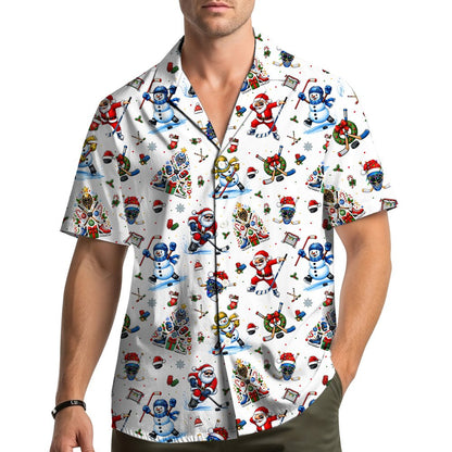 Lifestyle view of someone wearing the Christmas ice hockey hawaiian shirt