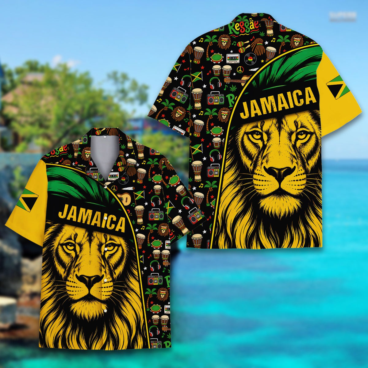 Back view of the jamaica reggae hawaiian shirt showing the continued pattern