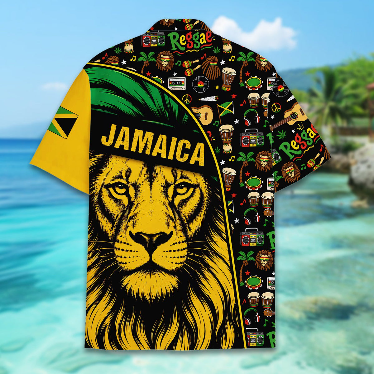 Alternative front view highlighting the yellow and black split design of the hawaiian shirt