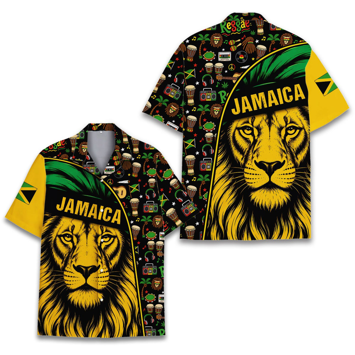 Main view of the jamaica reggae hawaiian shirt featuring a split lion and music icon design