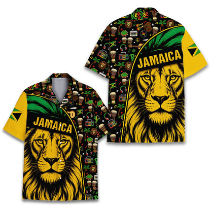 Main view of the jamaica reggae hawaiian shirt featuring a split lion and music icon design