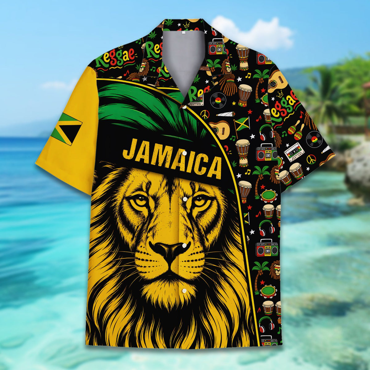 Second lifestyle view showcasing the bold colors and fit of the jamaica reggae hawaiian shirt