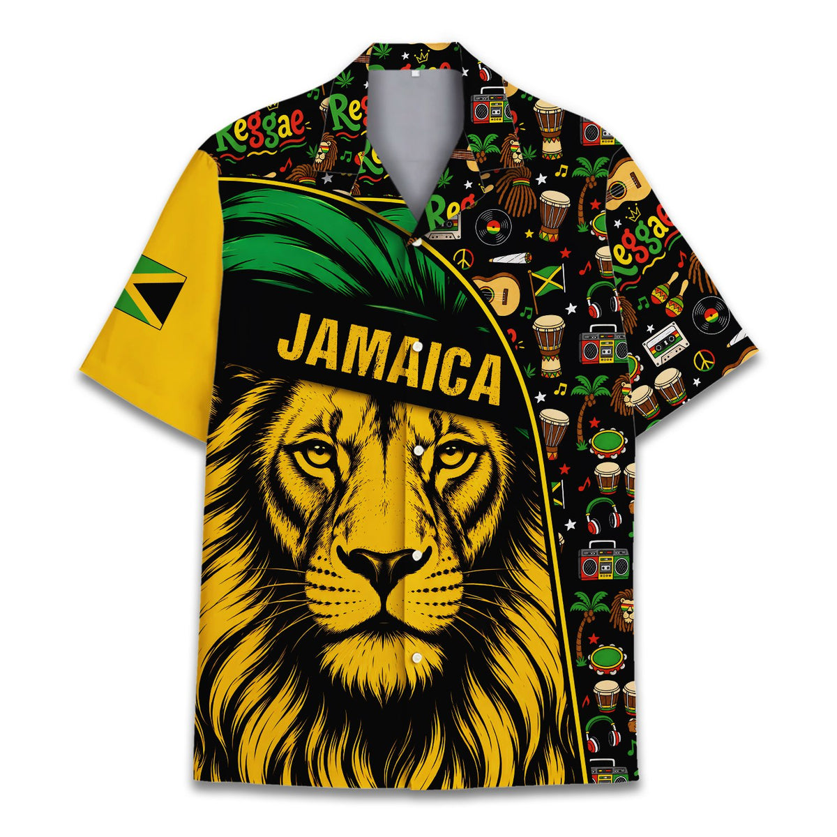 Lifestyle view of someone wearing the jamaica reggae hawaiian shirt outdoors