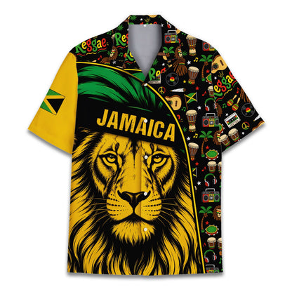 Lifestyle view of someone wearing the jamaica reggae hawaiian shirt outdoors