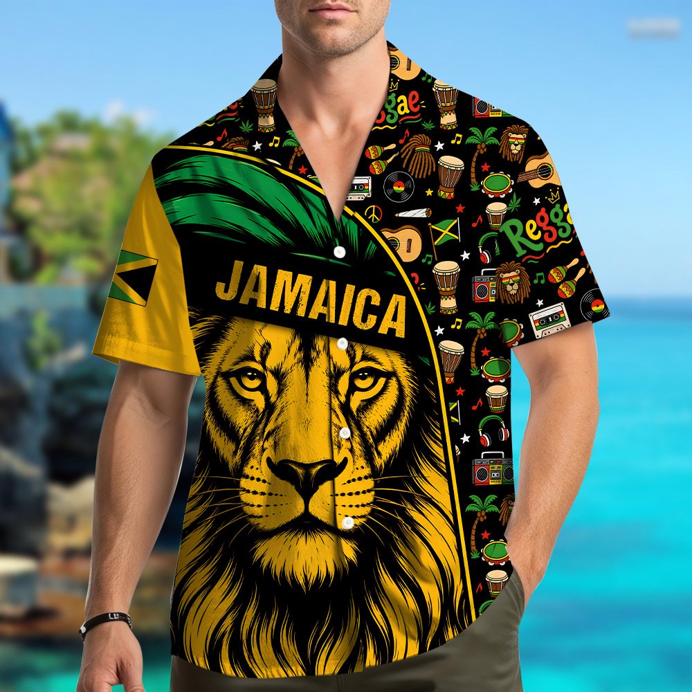 Detail view of the reggae music icons on the black side of the hawaiian shirt