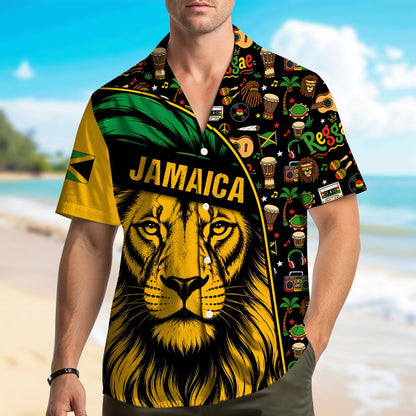 Close-up detail view of the lion graphic on the jamaica reggae hawaiian shirt