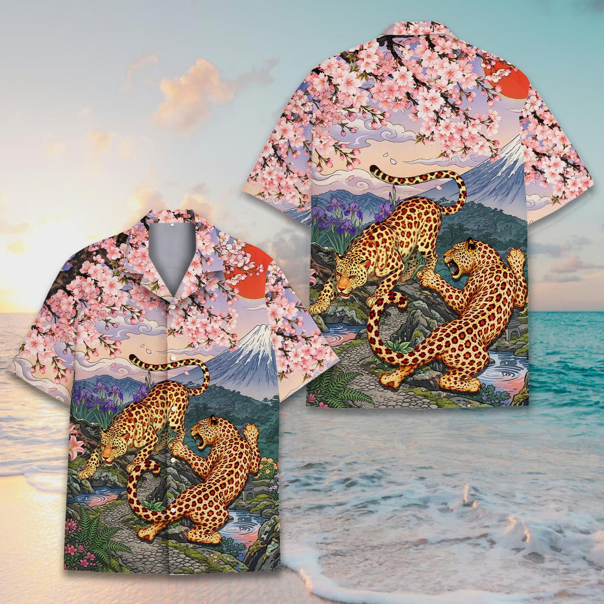 Detailed front view of the japanese hawaiian shirt showing button-down style