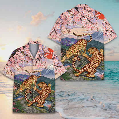 Detailed front view of the japanese hawaiian shirt showing button-down style
