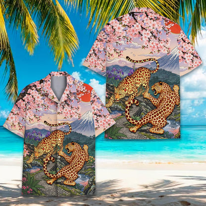 Close-up of the front showing the colorful leopard illustration on the hawaiian shirt