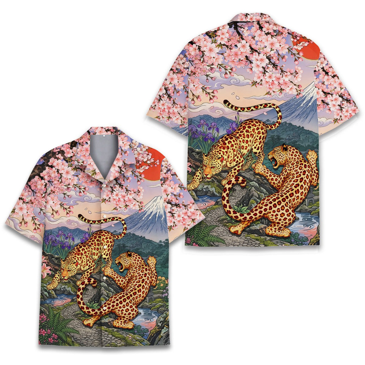 Another front view of the art hawaiian shirt highlighting the green and yellow details