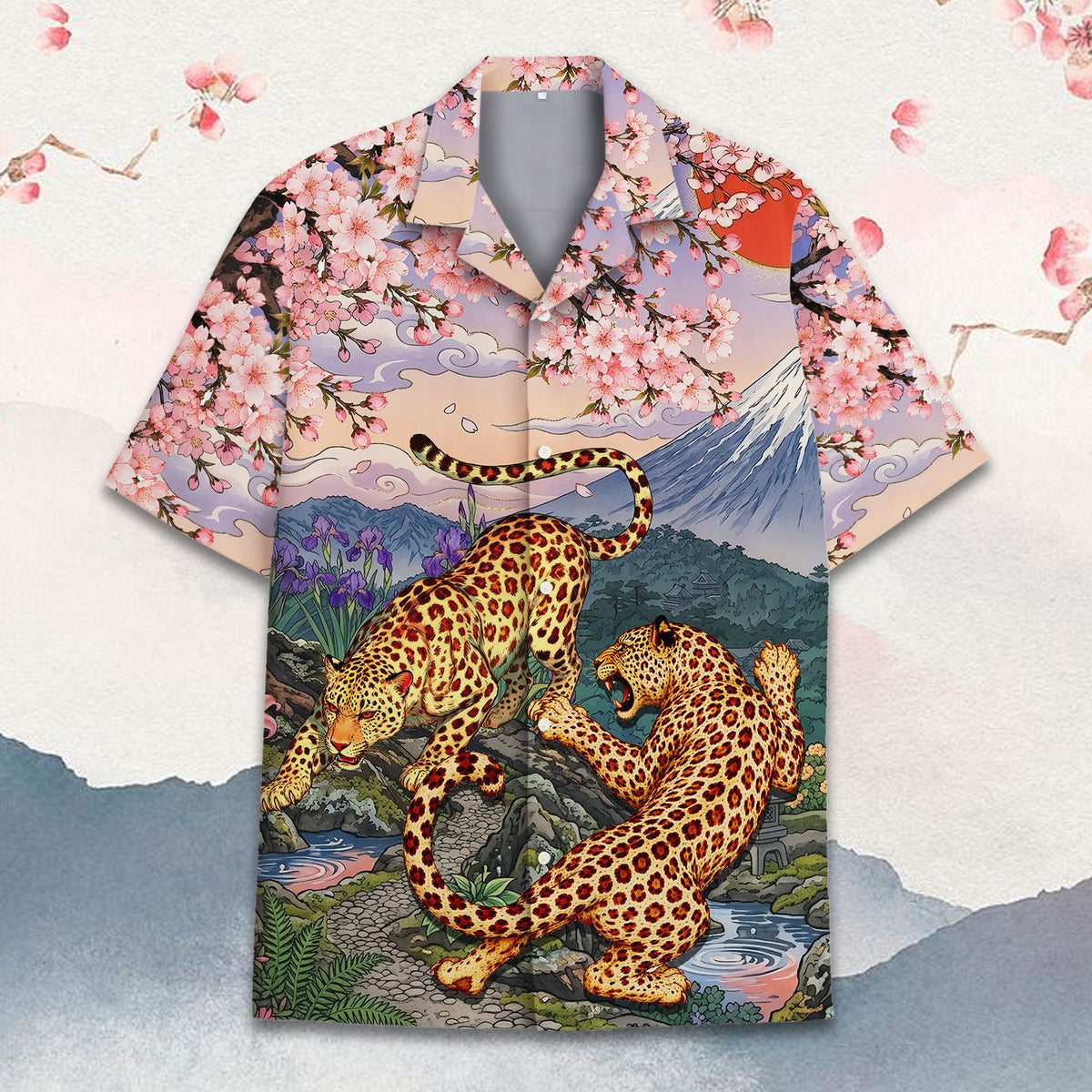 Front angle of the polyester hawaiian shirt with japanese art design