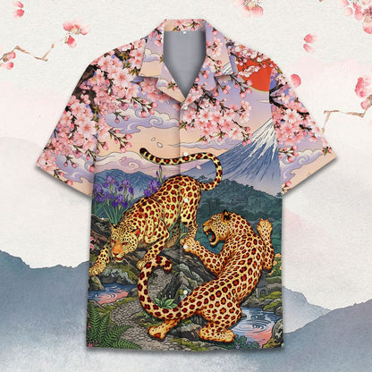 Front angle of the polyester hawaiian shirt with japanese art design