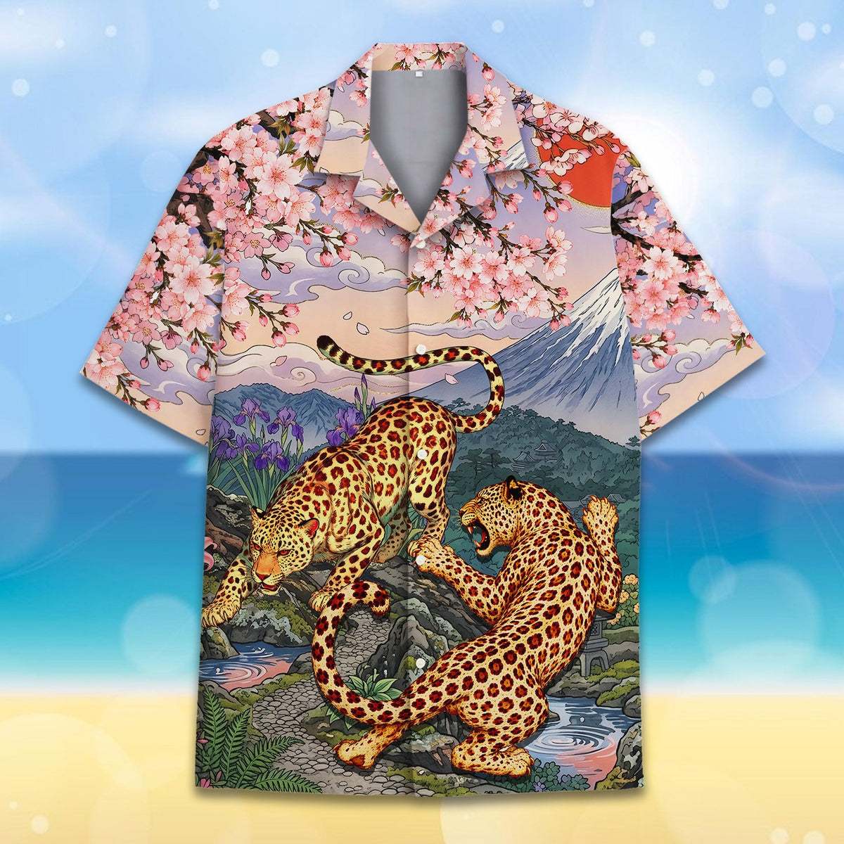 Flat lay front view of the hawaiian shirt