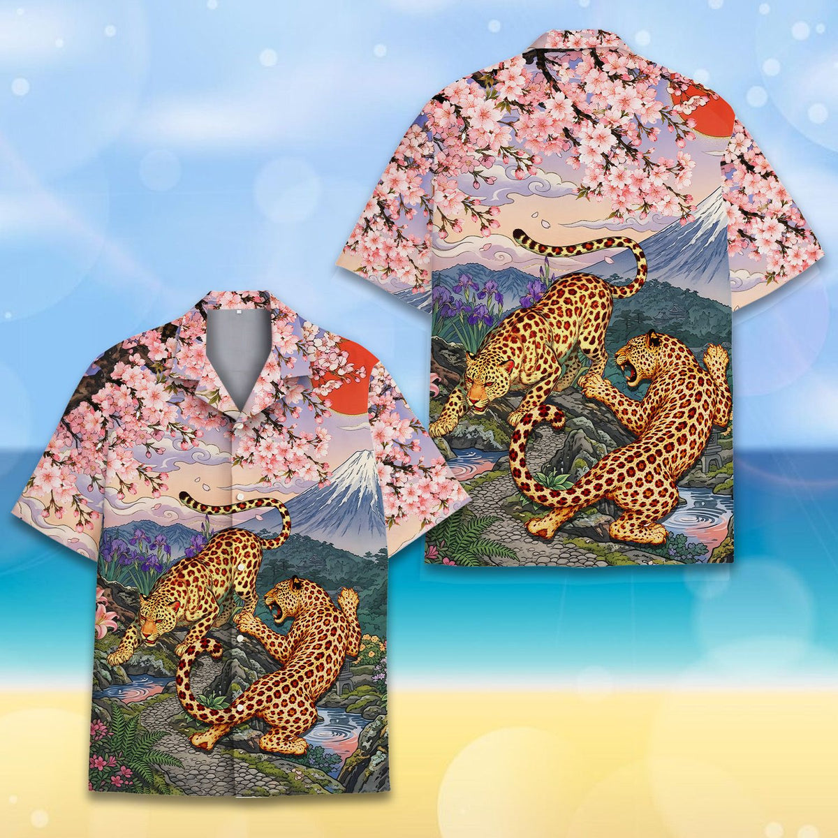 Front view of the matching family hawaiian shirt with cherry blossoms and Mount Fuji design